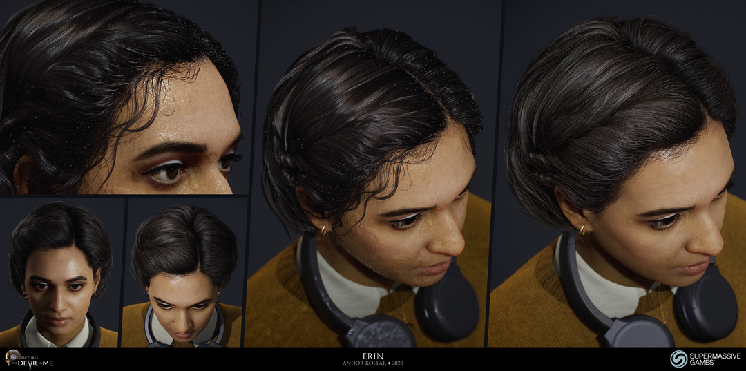 Erin from Devil in Me, game character, young female girl in yellow jumper with headphone with wet black hair, 3d polygon hair, Hindi woman, Rabia Maddah, Unreal Engine, 3d character art of Andor Kollar