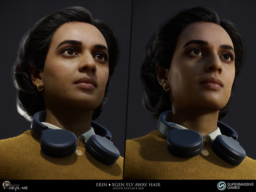 Erin from Devil in Me, game character, young female girl with headphone, black braided XGen hair in Unreal Engine, Hindi woman, Rabia Maddah, 3d character art of Andor Kollar