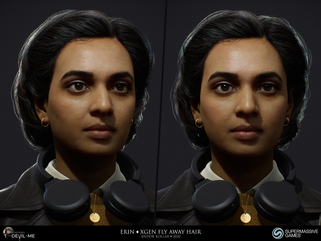 Erin from Devil in Me, game character, young female girl with headphone, black braided XGen hair in Unreal Engine, Hindi woman, Rabia Maddah, 3d character art of Andor Kollar